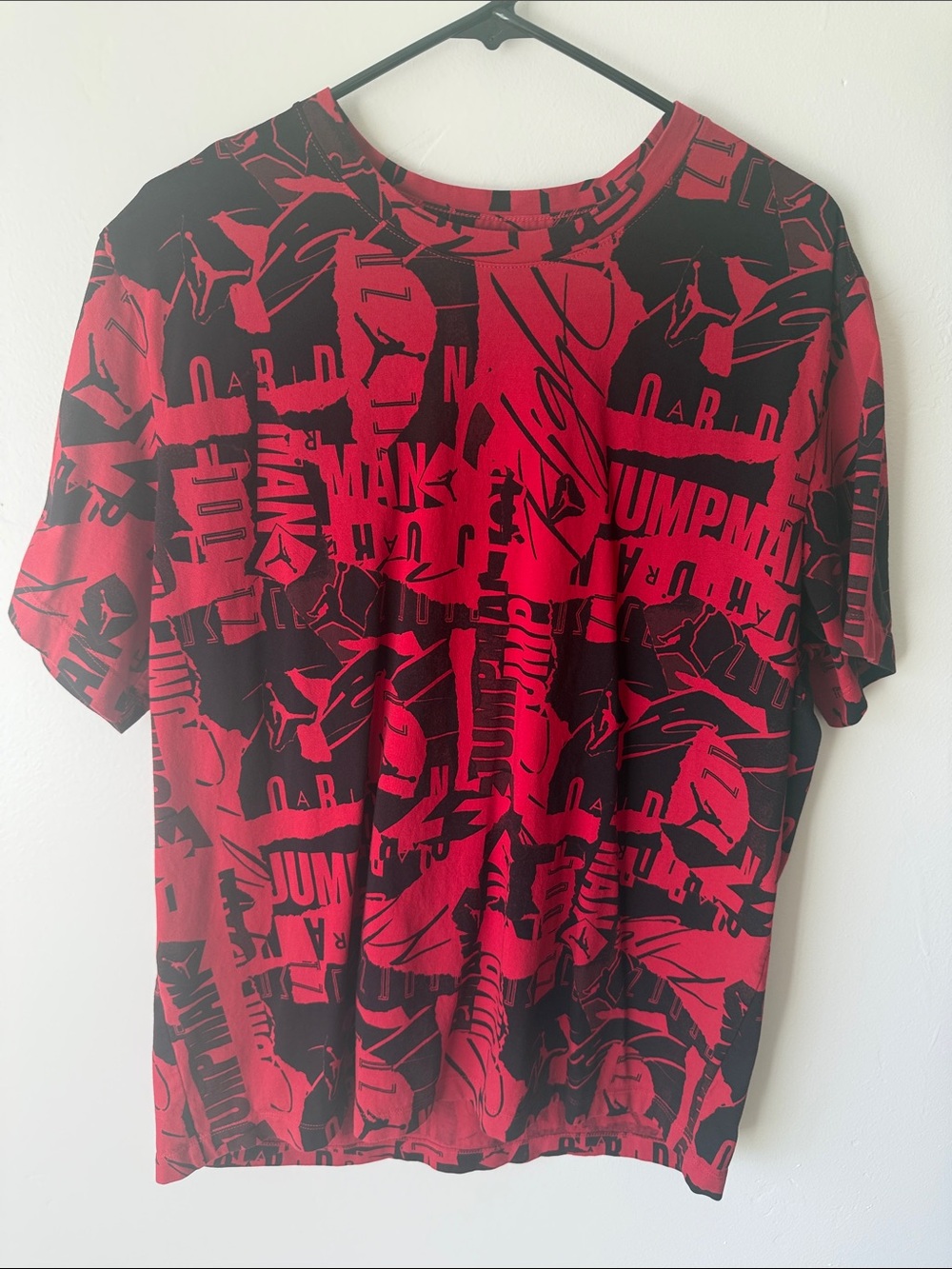 Jordan Men's Red and Black Allover Logo Graphic Short Sleeve Tee